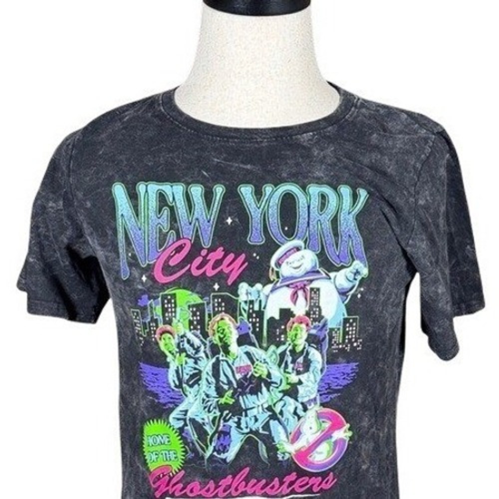 Ghostbusters NYC Graphic T-Shirt Womens Large Gray Mineral Wash Neon Retro Tee‎